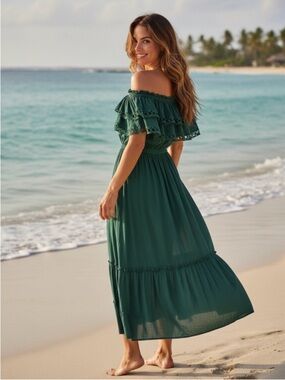 Mable Allegra Off-Shoulder Tiered Ruffle Maxi Midi Dress, Forest Green, Size M